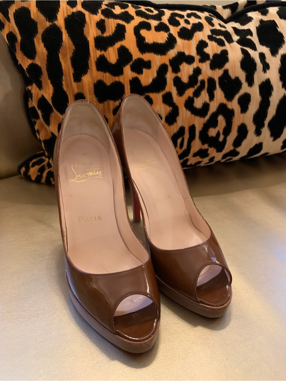 Christian Louboutin Brown Patent Peep-Toe Platform Heels
